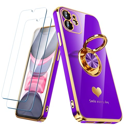 Nonional Compatible for iPhone 11 Case with 2 Pack Screen Protector, 360° Rotatable Ring Holder [Luxury Hearts Pattern] Plating Gold Edge Slim Soft Phone Cover Case for iPhone 11 - Neon Purple
