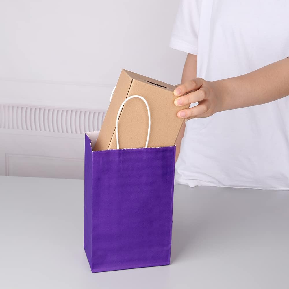 Oikss 50 Pack 5.25x3.25x8.25 Inch Small Purple Kraft Paper Bags with Handles Bulk for Birthday Wedding Party Favors Grocery Retail Shopping Business Goody Craft Gift Bags Cub Sacks, 50 Count - Image 7