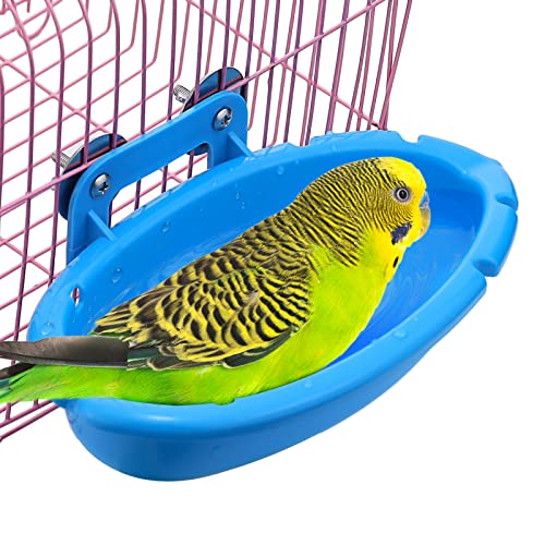 Mygeromon Baignoire pour cage - Petit bol à suspendre à l'intérieur de la cage, bain d'oiseaux, douche pour perroquets, perruches, calopsittes, canaris, perruches, perruches (bleu) Cover