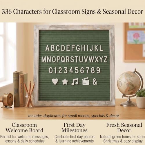 Image of C Crystal Lemon Letter Board, 317 Pre-cut Letters Numbers & Symbols, 10x10 Inches, Changeable Wooden Message Board Sign, Wood Frame, Wall Mount, With Display Stand (Rustic Green) | Changeable message board with 336 letters, numbers and symbols for home messages, reminders and seasonal displays