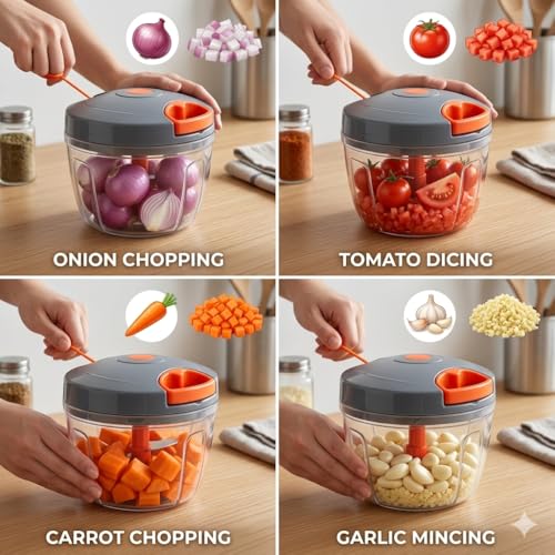 Image of Manual Vegetable Chopper 450ML | Hand Pull Kitchen Food Chopper with Stainless Steel Blades | Onion Tomato Vegetable Cutter | Multipurpose Manual Food Processor for Kitchen