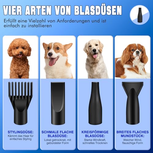 3500W Hundefön Blower Sehr Leise Tierhaartrockner Blower Hundefön Einstellbare Geschwindigkeit mit 4 Düsen Pet Dryer Fön für Haustiere Haustier Hundepflege Trockner Hundetrockner Gebläse für Hunde