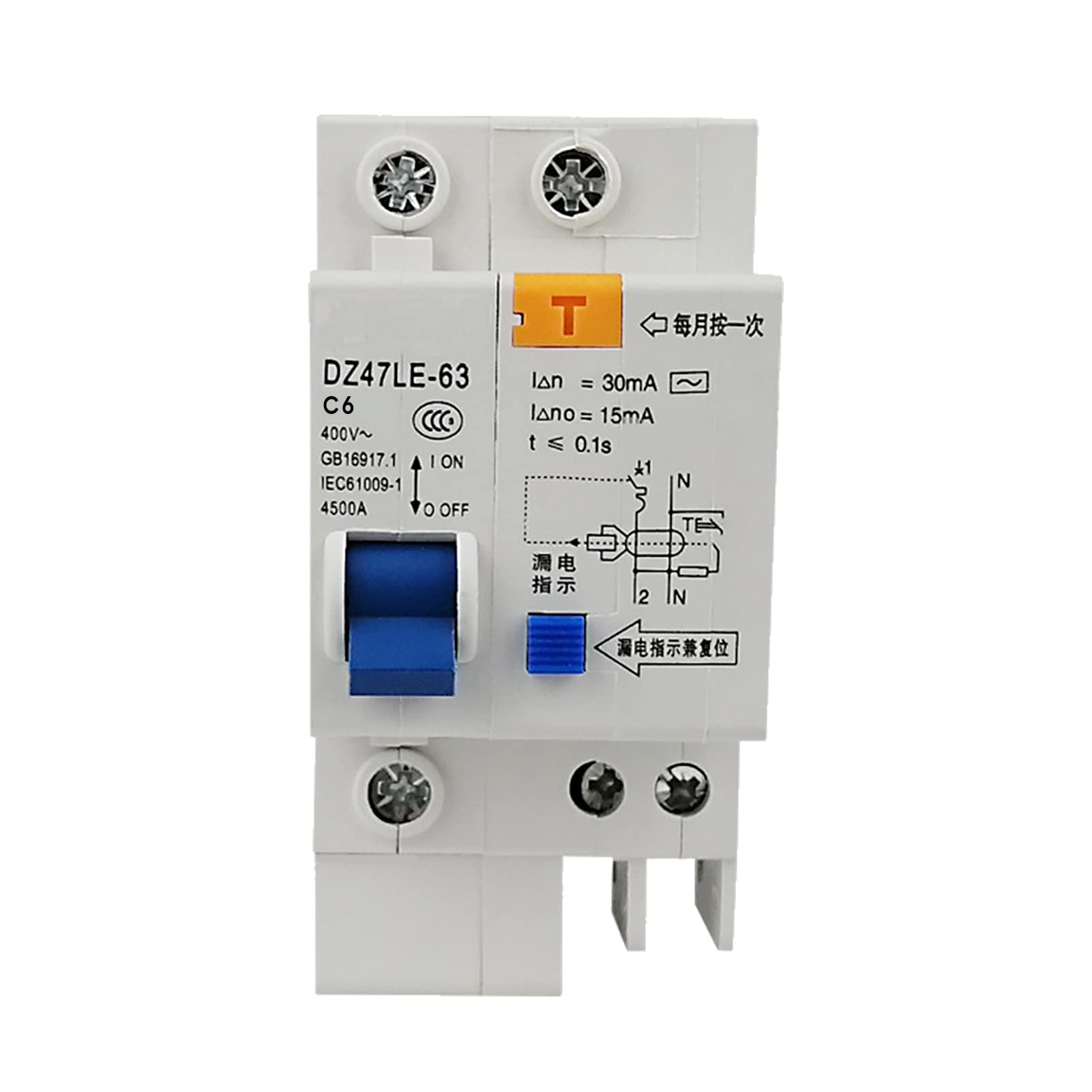 Ubervia® Miture Residual t Ccuit Breaker 1 Pole 30mA 400V Household Electric Leakage Protector DIN Rail Installation DZ47LE-63