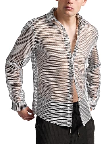 SEAUR ​​Men's Mesh Shirt​ Fishnet Top Long Sleeve Button Down Top See Through Nightclub Undershirts