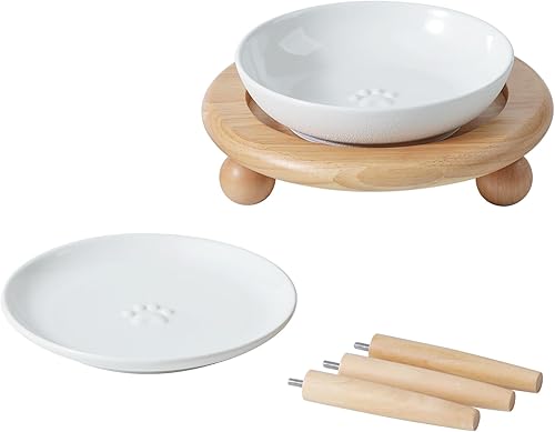 Miniatura 1 de Platos elevados de cerámica anchos para gatos, cuenco para alimentos y agua con 2 estilos de soporte ajustable para mascotas (1 plato+1 plato poco