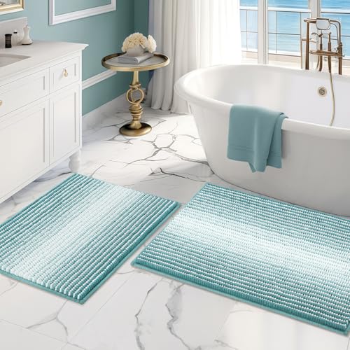 BSICPRO Bathroom Rugs and Mats Sets 2 Piece Thick Absorbent Chenille Bath Mat Rug Set Non Slip Soft Shaggy Bath Room Floor Mats for Bathroom Machine Washable (Aqua Green 20 x 32 Plus 16 x 24)