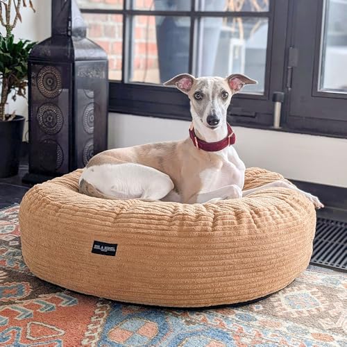 EDEL&SCHNELL orthopädisches Hundebett handgefertigt mit waschbarem Bezug inkl. Kuschelhöhle aus kuscheligem Kunstfell für in grau, Durchmesser 125 cm