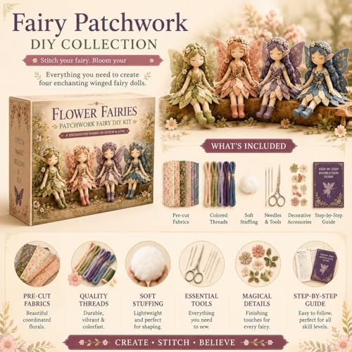 Kit de costura premium: 4 muñecas de tela aladas DIY con materiales de patchwork completos 2