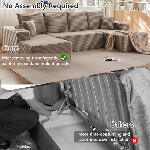Image of 134.2 inch Modular Sectional Sofa, Modern Corduroy Cloud Couch with Deep Seat, Boneless Couch Upholstered 4-Seater U-Shaped Sofa for Living Room, No Assembly Required (Camel)