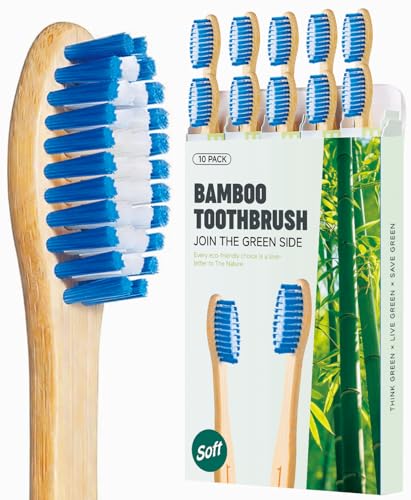 BlueForest Era Bamboo Toothbrushes 10 Pack Plastic Free Toothbrush Non Toxic Natural Organic Toothbrush Medium & Soft Wooden Toothbrushes Bamboo Non Plastic Tooth Brush All Natural Biodegradable