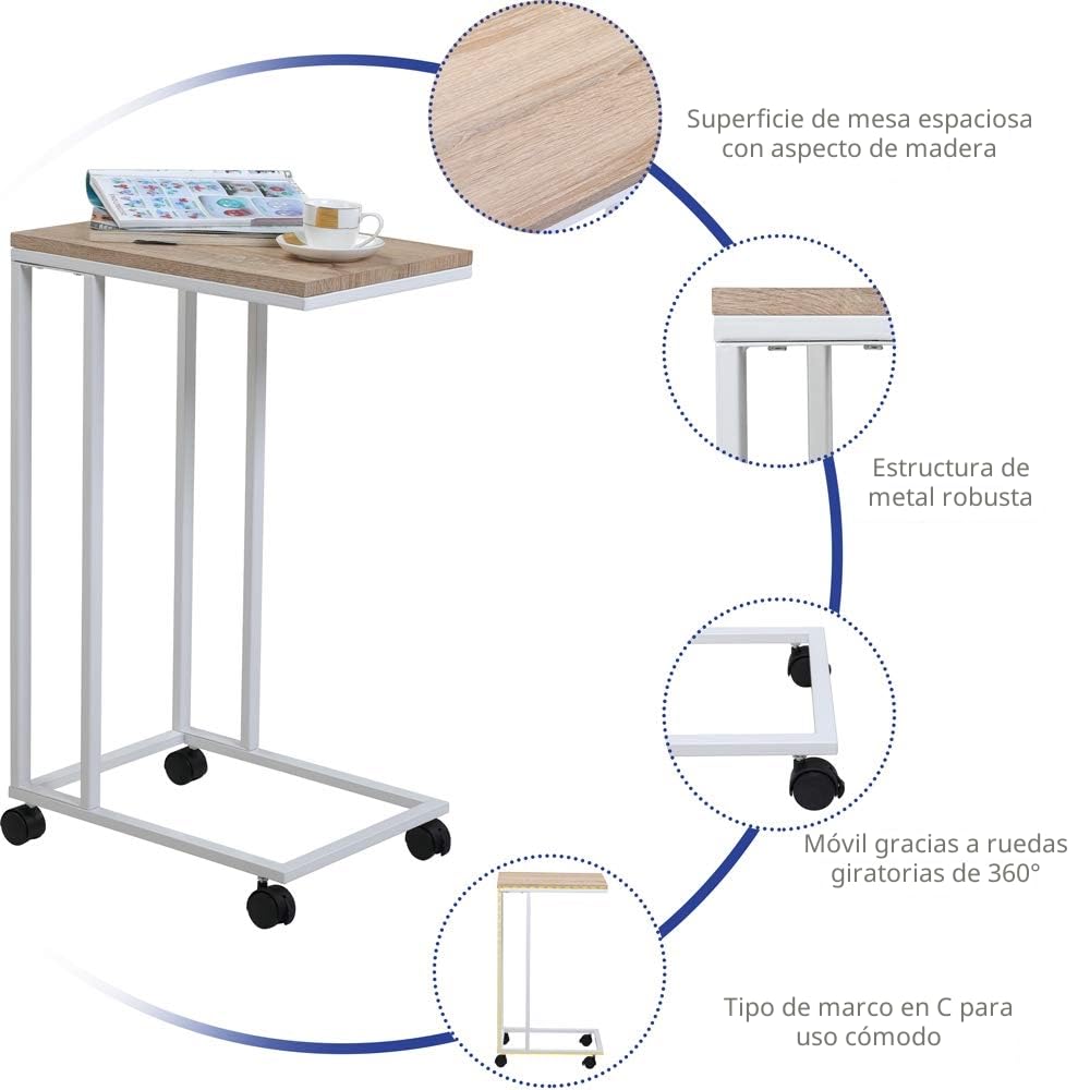 CASARIA® Mesa Auxiliar Forma C Mesita Lateral 4 Ruedas Carga 40 kg Blanco