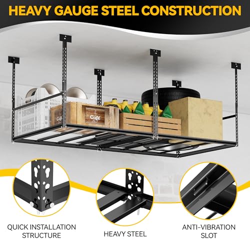 Image of 3x8 Ft Overhead Garage Storage Rack, 28-41 inch Height Adjustable Ceiling Mounted Organization Rack, 750 lbs Weight Capacity, 36 inchx96 inch Metal Rack for Garage Storage with Hanging Rods