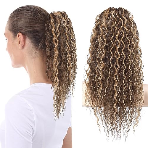 FLUFYMOOZ Ponytail Extension Pferdeschwanz Verlängerung, 56 cm Pferdeschwanz Haarverlängerung im Bohemian-Stil mit Kordelzug für Frauen gewellter Pferdeschwanz (Dunkelbraun mit Schmutzblond)