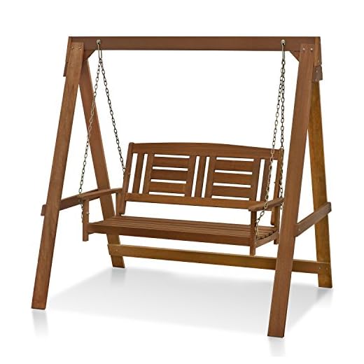 Furinno Tioman Hardwood Hanging Porch Swing with Stand in Teak Oil, Natural