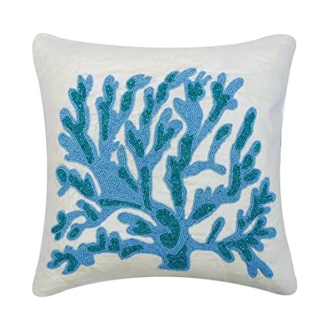 The HomeCentric Decorativo Azul Cojin, 65 x 65 cm Lino Amortiguar, Funda de Cojín con Algas, Corales, Criaturas del mar Amortiguar, Estilo de Playa Cojin Cover