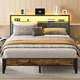 OLEVS Queen Bed Frame Metal Platform Bed Queen Size with 2-Tier Storage & LED Light Headboard, Charging Station Type C, No Box Spring Needed
