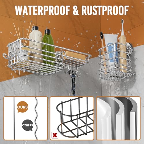 Image of LEVERLOC Shower Caddy Suction Cup, 3 Pack Heavy Duty Bathroom Organizer for Inside Shower with Hooks & Soap Holder, Removable Bathroom Organizer, Rustproof Silver Holder Storage,Silver