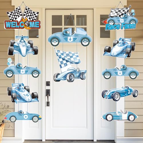 Race Car Porch Sign Banner Racing Birthday Decorations Blue Racing Cars Party Hanging Cutout Banners Vintage Car Party Door Sign Decorations for Checkered Flags Birthday Baby Shower Supplies