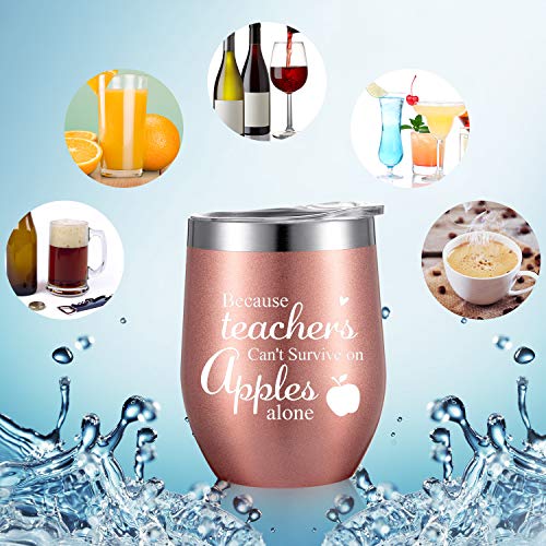 2 Pieces Teacher Can't Survive On Apples Alone, Thank You Teacher Appreciation Gift For Women Funny Birthday Christmas Thanksgiving Teacher Gifts 12 Oz Wine Tumbler With Straw And Cleaning Brush #TOP5
