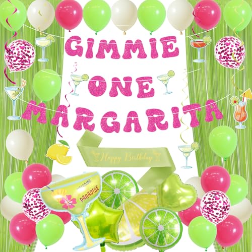 Roetyce Margarita Party Decorations Green and Hot Pink Gimme One Margarita Banner Balloons Hanging Swirls Kit Sage Green Happy Birthday Sash Mexican Fiesta Birthday Party Photo Backdrop Background