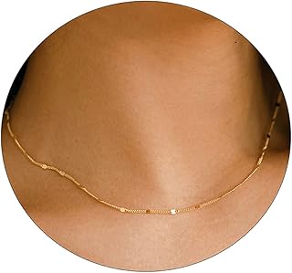 Beriso 14K Gold/Silver Plated Satellite Choker Shining Dots Station Box Chain 3 Blue Beads Sparkle Chain Necklace Open Hea...