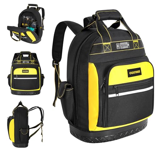 OUUTMEE Tool Backpack, Multi-Pocket Tool Bag with ABS Reinforced Base | Heavy Duty Tool Organiser with Padded Shoulder & Waist Straps | Tool Storage Gear for Electricians & Construction (Yellow)