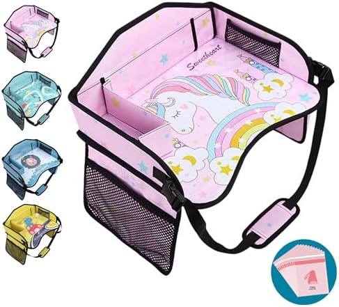 Amoilly Autositz Tablett für Kinder Reisen, Kleinkind Reise Tablett für Auto und Flugzeug mit Cartoon Design, Road Trip Aktivitäten in Rosa