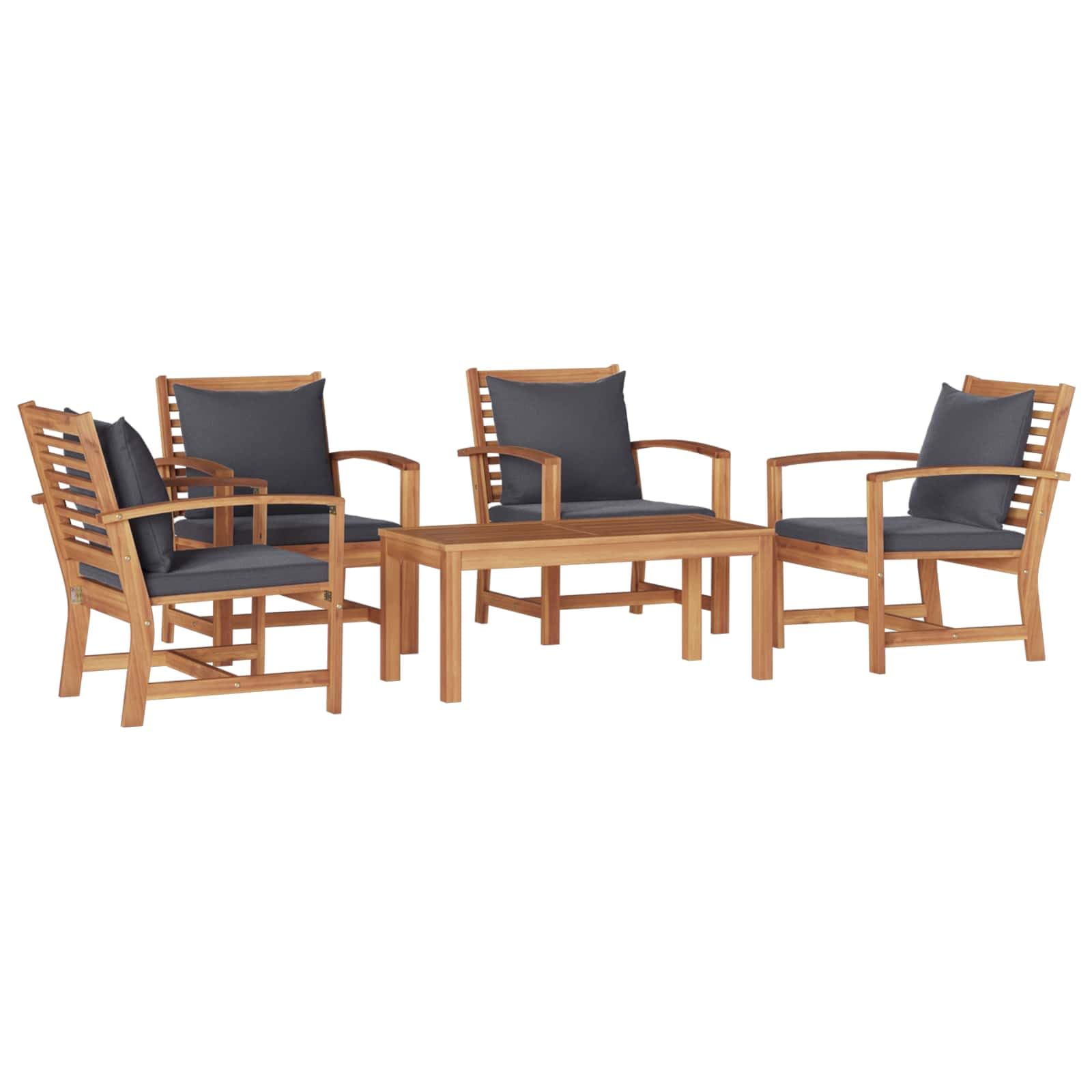 Ensemble de canapé de jardin 5 pièces en teck massif de couleur marron uni avec coussins amovibles pour terrasse - Salon de jardin moderne en teck