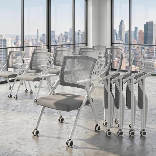Image of Folding Office Chair with Wheel,Conference Room Chairs with Smooth Armrest-Mesh Back,Rolling Stackable Foldable Desk Chair for Guest Reception Meeting Classroom Training Seminar ,Gray∰with wheel,40