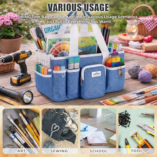 Image of Jjring Craft Organizer Tote Bag, Portable Art Caddy with Adjustable Divider&Secure Zipper Pocket, Large Foldable Storage Tote for Scrapbooking, Sewing, Artist and Home(Blue)
