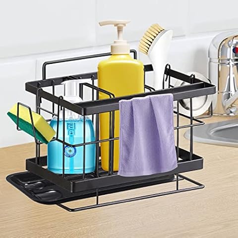 Hakiwina Sink Caddy, Kitchen Organiser Sink Tidy with Removable Drip Tray 304 Stainless Steel Sponge and Cloth Holder Kitchen Sink Organizer Wall Mounted/Hanging Kitchen Accessories(Black) Cover