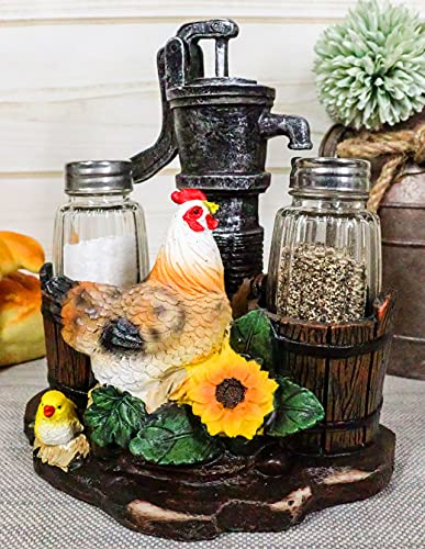 Ebros Country Animal Farm Chicken Hen With Chicks By Irrigation Well Pump Barrels And Sunflowers Salt And Pepper Shakers Holder Figurine As Kitchen Dining Home Decorative Sculpture Of Rooster #TOP6