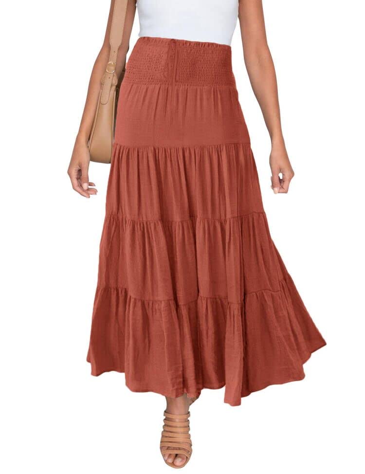 Photo 1 of **USED**HAEOF Women's Summer Elastic High Waist Boho Maxi Skirt Casual Drawstring A Line Long Skirt Caramel Small