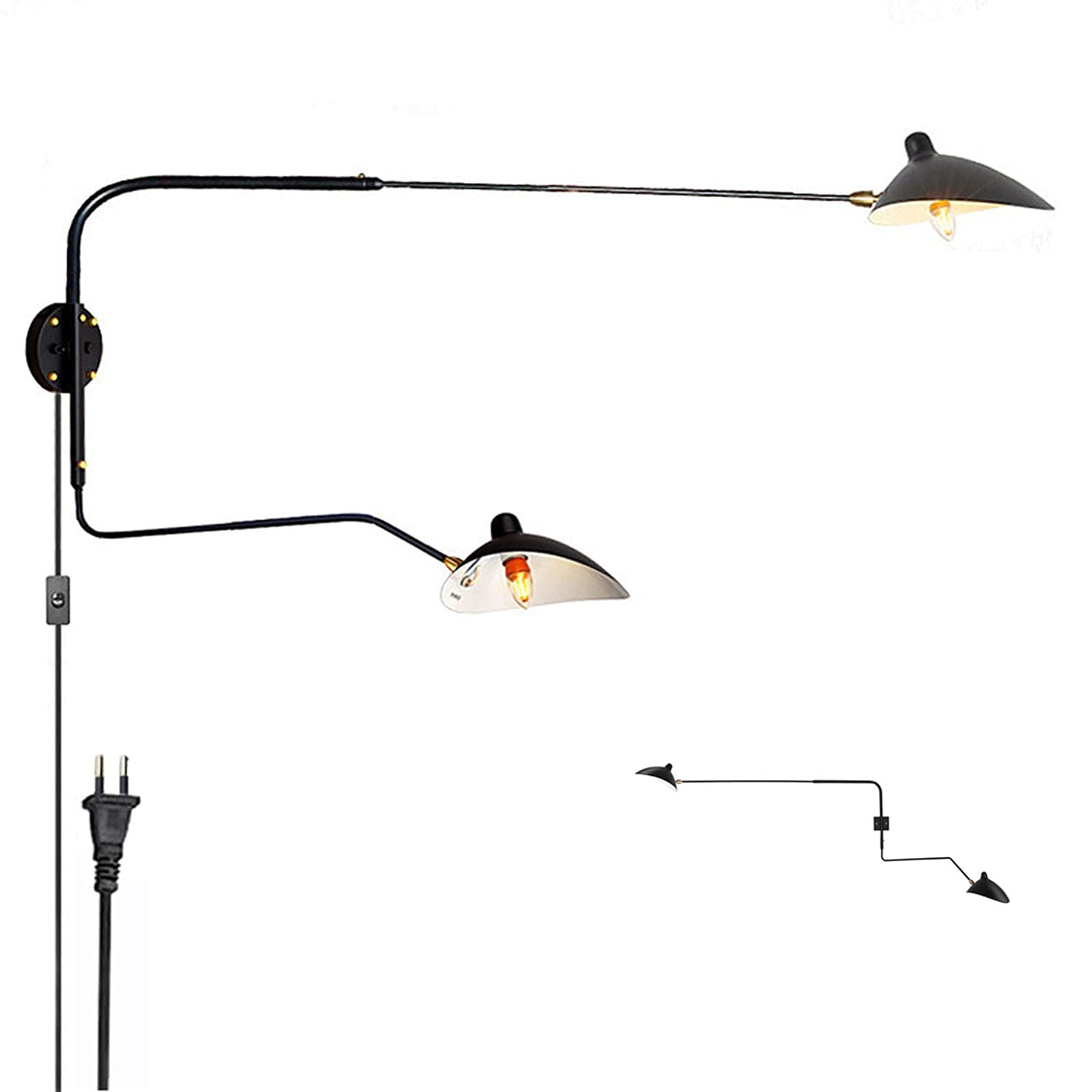 Creativo Molte Direzioni Lampada da Parete/muro Orientabile Industriale Braccio Lungo Orientabile 2 Fiamme Applique da Parete E27 Metallo Nero Comodino Lampada da Lettura con Interruttore
