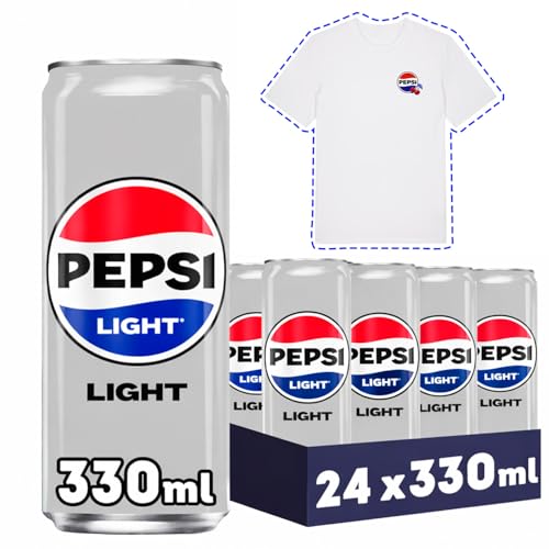 PEPSI Light Refresco de cola bajo en calorías y en azúcares, pack de 24 latas de 330 ml, 7.92 litros en total, Incluye camiseta de Regalo