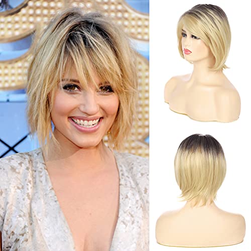 Sallcks Short Ombre Blonde Bob Wig for Women Layered Natural Straight Dark Roots Wigs Synthetic Cosplay Custome Hair Full Wig (Ombre Blonde)