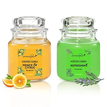 Aromahpure Scented Candles (50 Hours) (100% Soy Wax)- Handcrafted | Smoke-Free | Refreshing Rosemary- Rosemary, Prince of Citrus- Bergamot Fragrance Candles for Home & Gift Sets. (Pack of 2)