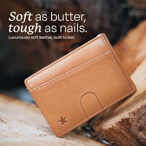 Image of Swear Brands Full Grain Leather Wallet with RFID Blocking & Money Clip - Minimalist Bifold Wallet Holds 12 Cards - Easy Access Pull Tab - Ethically Sourced (Tan)