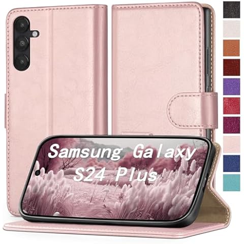 RingPi for Samsung Galaxy S24 Plus Phone case[RFID Blocking Leather],[3 Credit Card Slot] Flip Folio Book Shockproof Protector,Holder Stand Cases,Women Men for Samsung S24Plus Wallet Cover,Rose Gold Cover