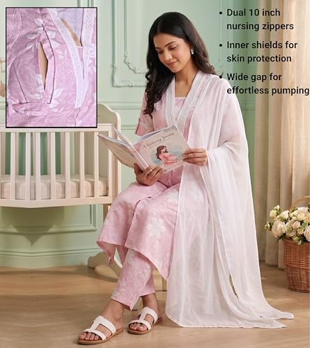 Image of DUMMY SHAPE Maternity Dresses for Women Cotton | Floral Kurta Pant Dupatta Set with Nursing Zippers, Side Pocket | Pre & Post Pregnancy | Feeding Kurti Suit | Baby Shower | Gifts for Pregnant Woman