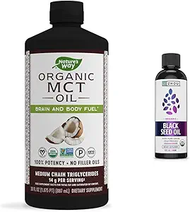 Nature's Way MCT Oil, Brain and Body Fuel from Coconuts*; Keto Paleo Certified, Organic & Zhou Organic Black Seed Oil | 100% Virgin Cold Pressed Omega 3 6 9