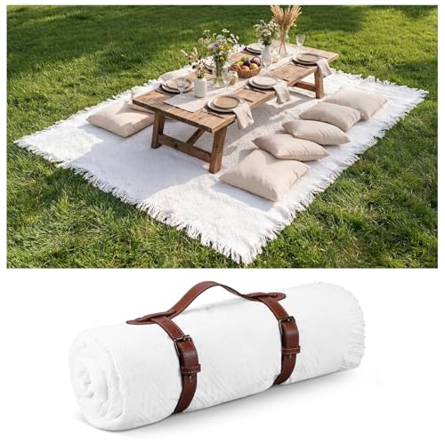 Frienda 72 x 92 Inch Large White Outdoor Picnic Blanket Woven Cotton Yarn Blanket with Fringe and Leather Storage Strap Boho Decor Camping Lawn Wedding Photoshoot Beach Park Grass