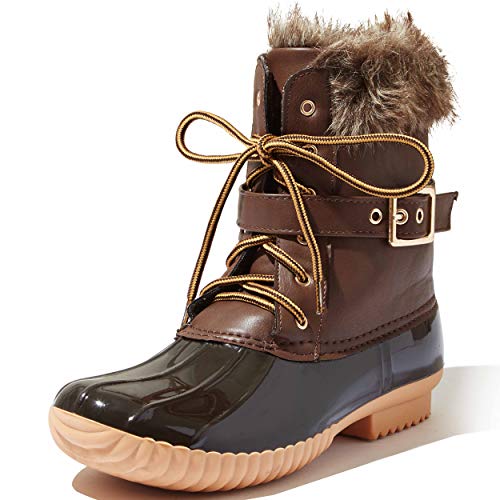 DailyShoes Women's Snow Booties Lace Up Ankle Buckle Duck Padded Mud Rubber Rain boots, 10 B(M) US,Brown