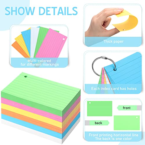 300 Pcs Colored Ruled Index Cards With 6 Rings Neon Color Study Flash Cards Single Hole Punched Lined Flashcards Colorful Studying Notecards One Side For School Supplies (Fresh Color, 3 X 5 In) #TOP2