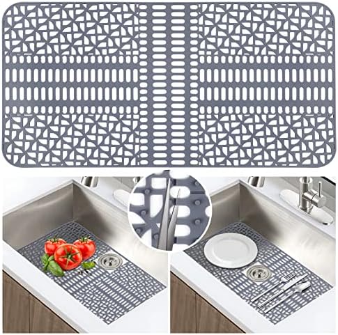 JUSTOGO Sink Protectors for Kitchen Sink,Silicone Sink Mat Grid Accessory 26"x 13",1 PCS Non-slip Grey Sink Mats for Bottom of Kitchen Farmhouse Stainless Steel Porcelain Sink