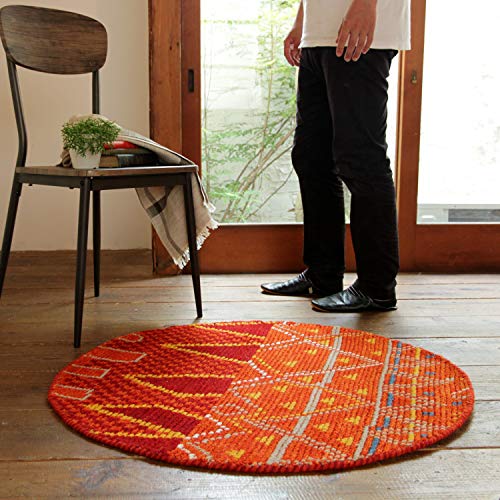 萩原 ラグ オレンジ 直径約140cm 「クームース ガンター」 ウール100% 羊毛 手織り ノルディック エスニック
