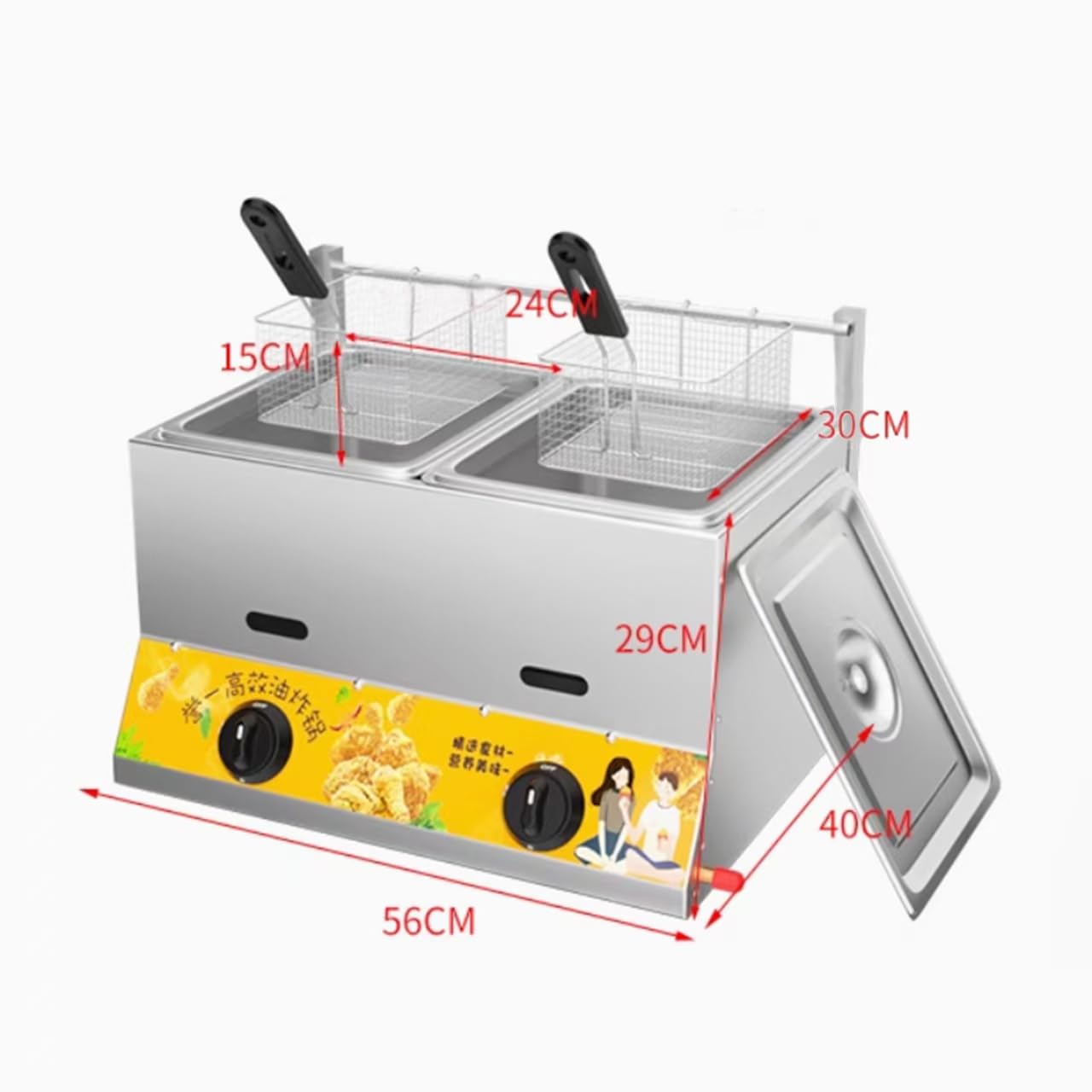 Friggitrice a gas di grande capacità, in acciaio inox, con potenza di fuoco regolabile, include cestini e coperchi, ideale per uso domestico e commerciale, facile da pulire