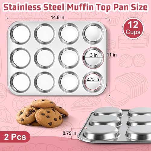 Image of E-far Muffin Top Pan, 12-Cavity Stainless Steel Shallow Cupcake Pan for Yorkshire Pudding, Eggs, Whoopie Pie, Cornbread, Non-toxic & Dishwasher Safe - 2 Pcs