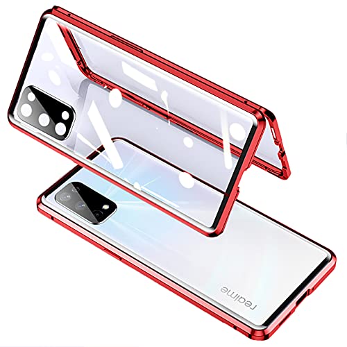 BiubiuCase Metal Magnetic Protective Cover for Realme 7 Pro, Aluminum Alloy Frame Tempered Glass Clear Case for Realme 7 Pro (Red)