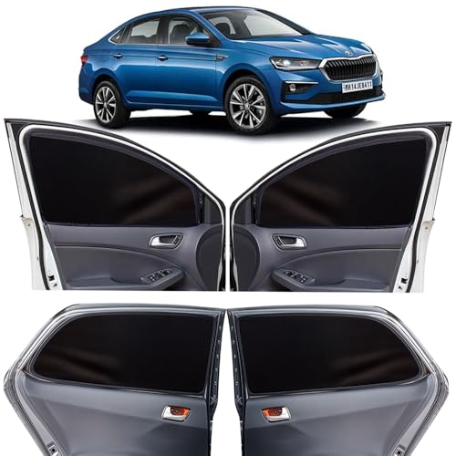 Image of OTO2EYE Car Sun Shade Compatible for Skoda Slavia Model 2022 Onwards, Z-Black Super Magnetic Grip, Front Window Zipper, Side Window Curtains, 4 Pieces Set